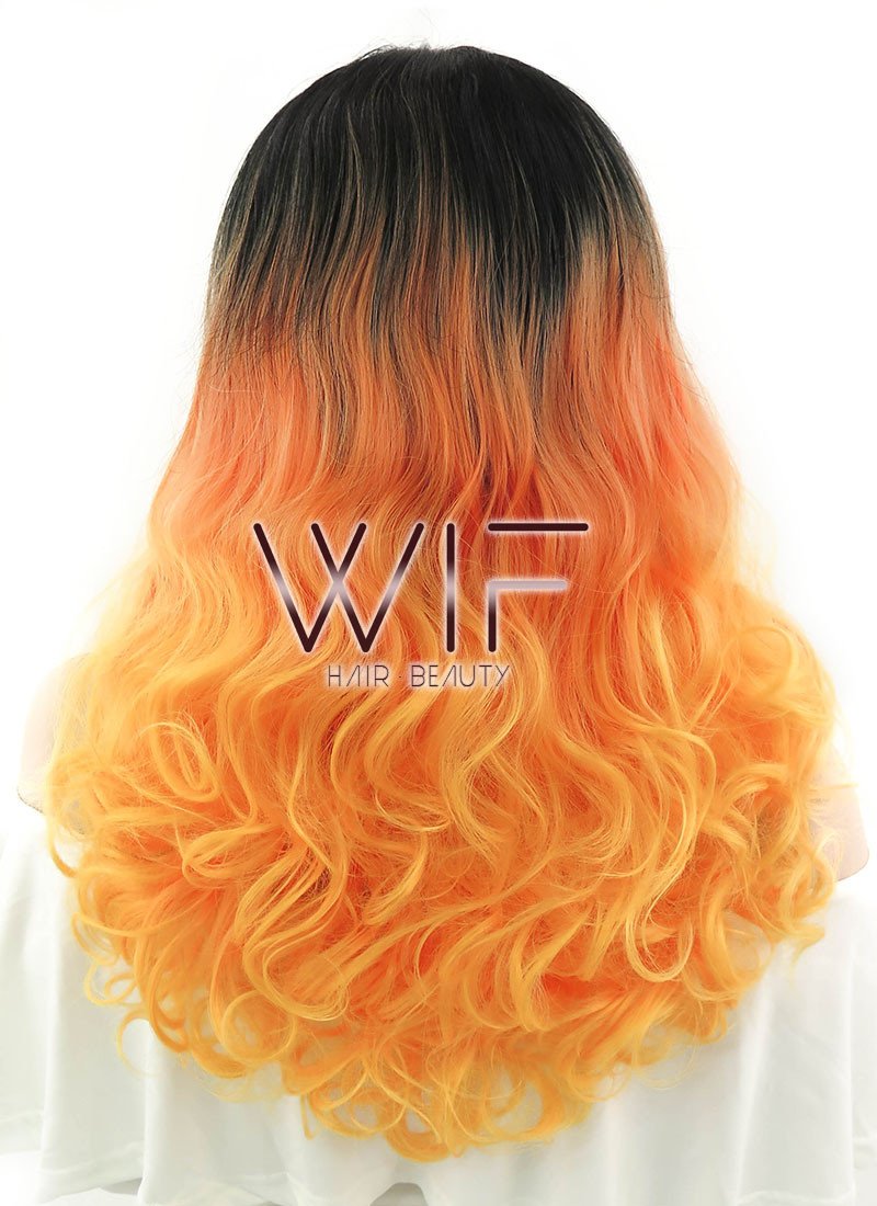 16" Medium Curly Off Black Orange Mixed Turmeric Lace Front Synthetic Wig LF1564