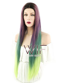 28" Straight Purple Green Ombre With Dark Roots Lace Front Synthetic Wig LF1571