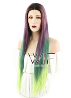 28" Straight Purple Green Ombre With Dark Roots Lace Front Synthetic Wig LF1571