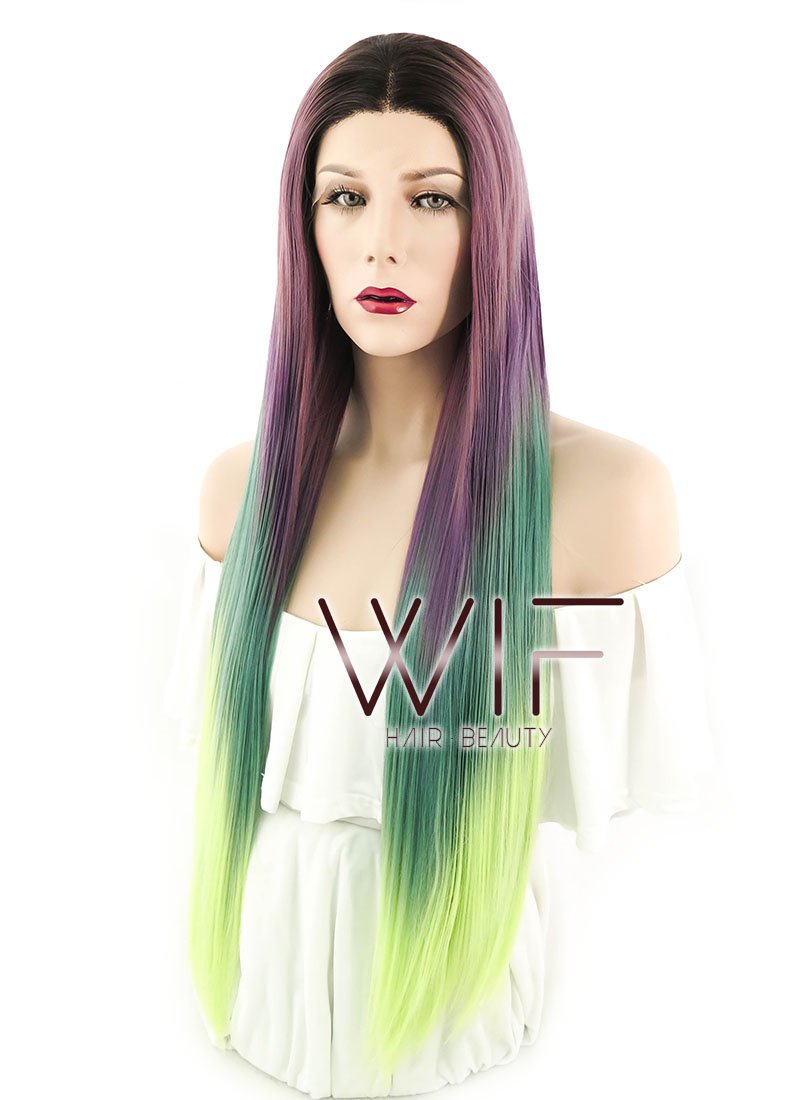 28" Straight Purple Green Ombre With Dark Roots Lace Front Synthetic Wig LF1571