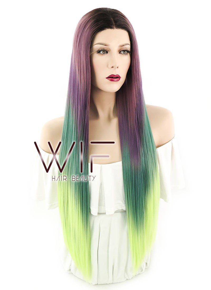 28" Straight Purple Green Ombre With Dark Roots Lace Front Synthetic Wig LF1571
