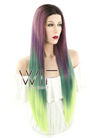 28" Straight Purple Green Ombre With Dark Roots Lace Front Synthetic Wig LF1571