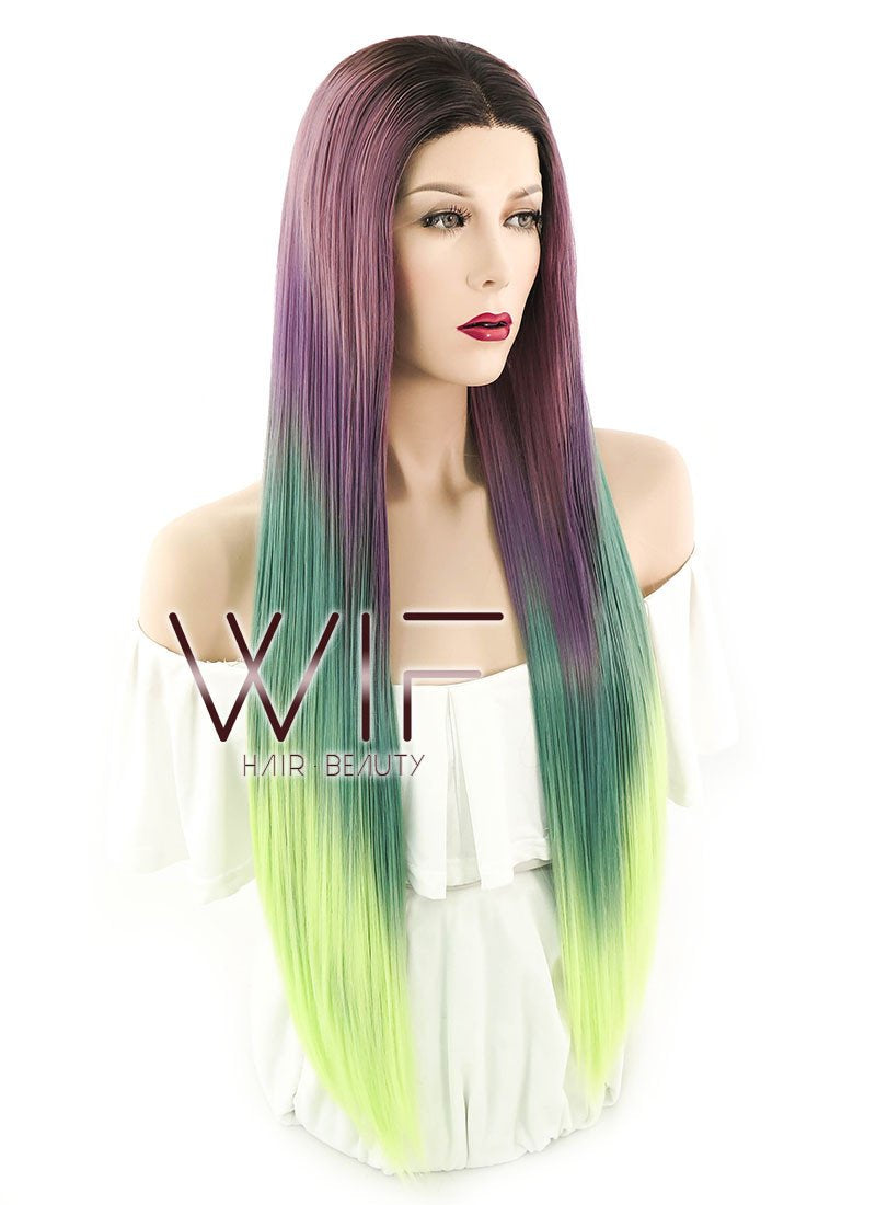 28" Straight Purple Green Ombre With Dark Roots Lace Front Synthetic Wig LF1571