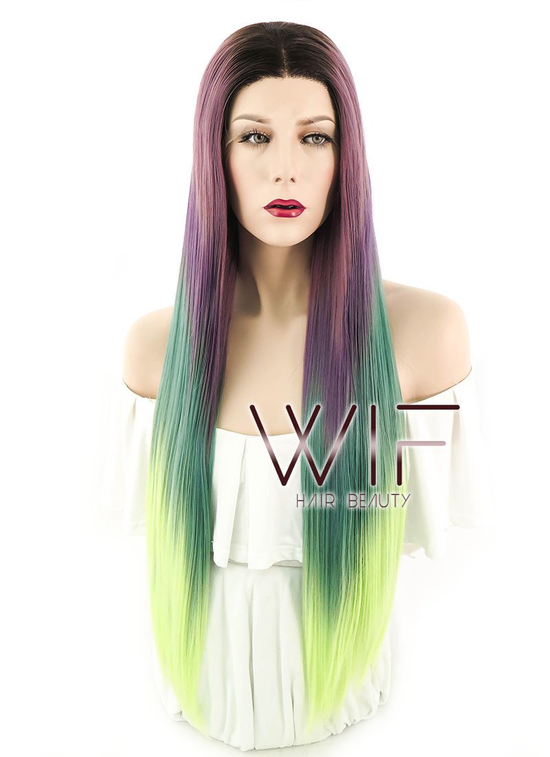 28" Straight Purple Green Ombre With Dark Roots Lace Front Synthetic Wig LF1571