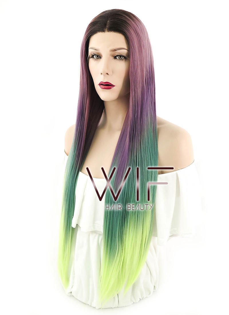 28" Straight Purple Green Ombre With Dark Roots Lace Front Synthetic Wig LF1571