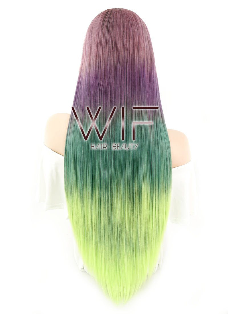 28" Straight Purple Green Ombre With Dark Roots Lace Front Synthetic Wig LF1571