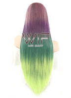 28" Straight Purple Green Ombre With Dark Roots Lace Front Synthetic Wig LF1571