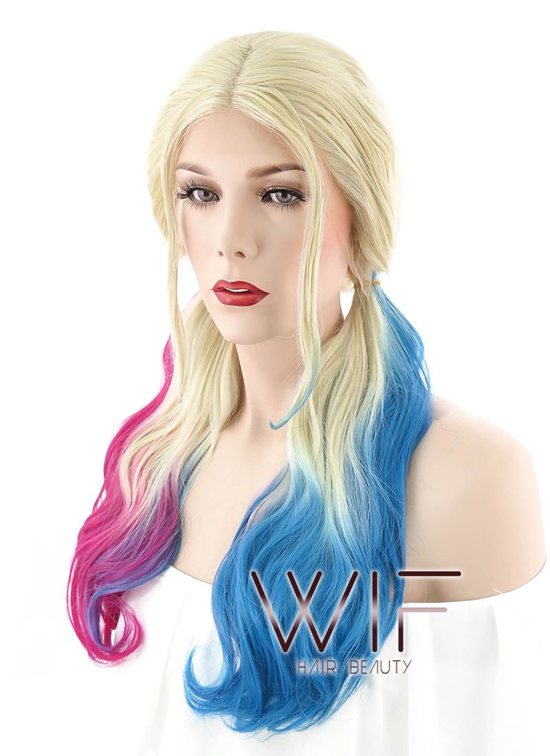 20" Wavy Blonde Synthetic Blue Magenta Ponytail Lace Front Wig LF1576