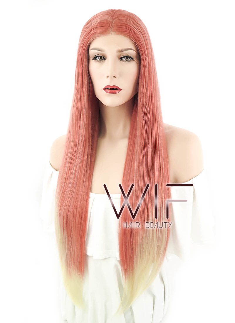 24" Straight Pinkish Orange Mixed Blonde Lace Front Synthetic Wig LF1578