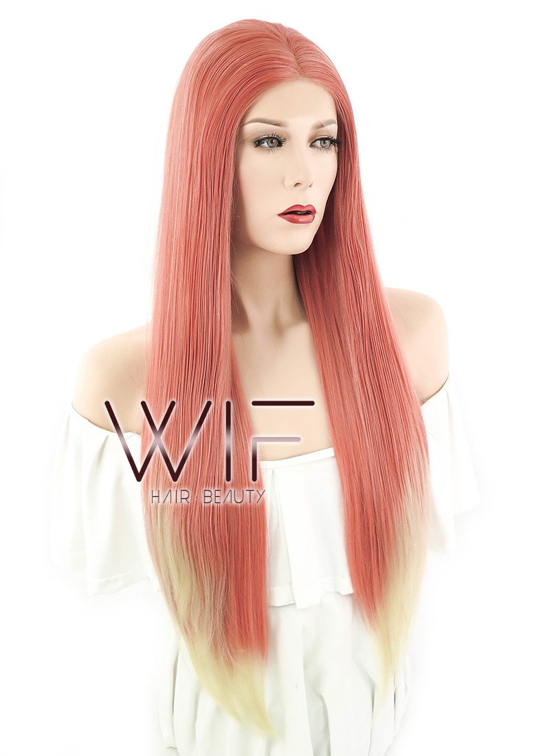 24" Long Straight Pinkish Orange With Blonde Lace Front Synthetic Hair Wig LF1578