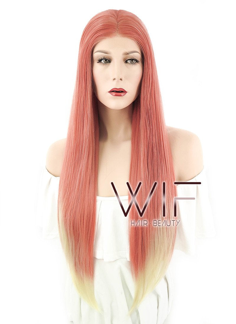 24" Long Straight Pinkish Orange With Blonde Lace Front Synthetic Hair Wig LF1578