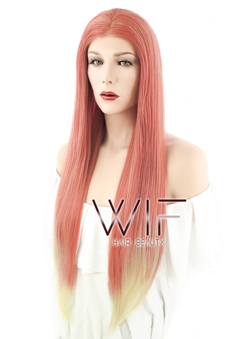 24" Long Straight Pinkish Orange With Blonde Lace Front Synthetic Hair Wig LF1578