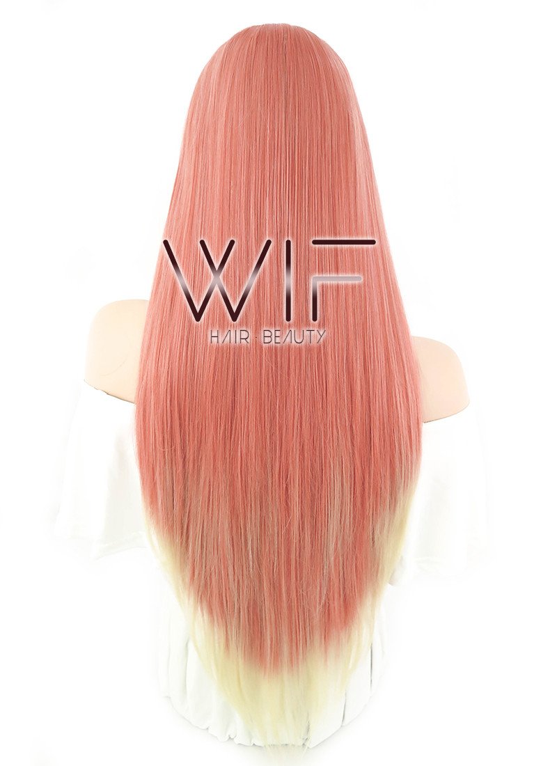 24" Long Straight Pinkish Orange With Blonde Lace Front Synthetic Hair Wig LF1578