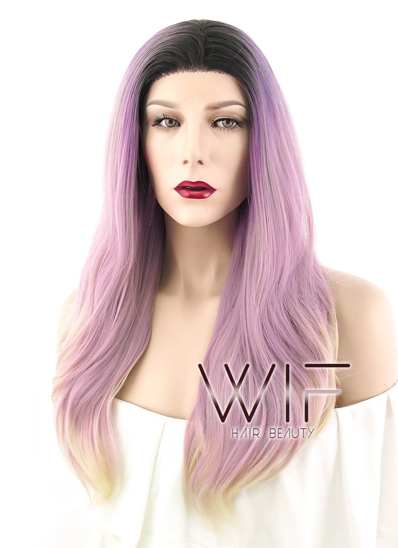16" Wavy Purple Pink Blonde Ombre With Dark Roots Lace Front Synthetic Wig LF1581A