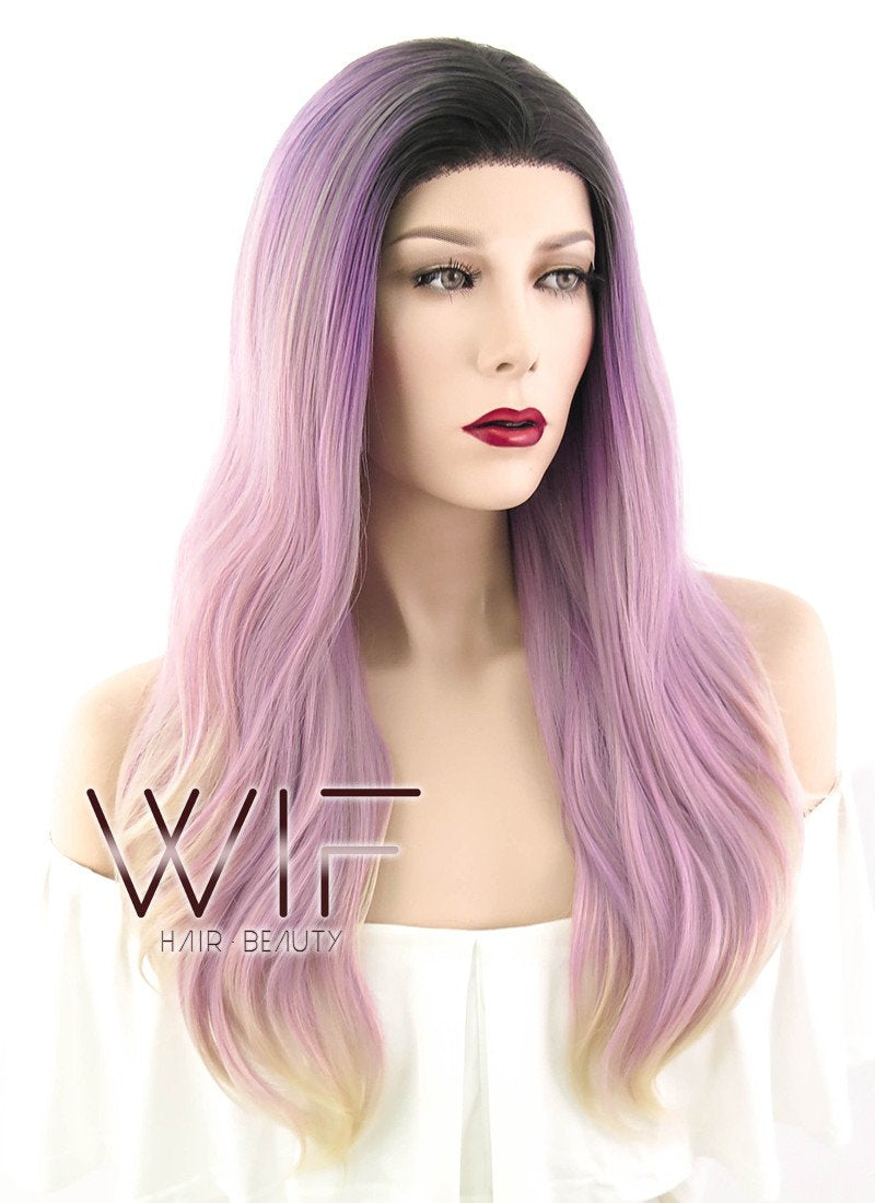 16" Long Wavy Black Pink Purple Grey Mixed Lace Front Synthetic Hair Wig LF1581A