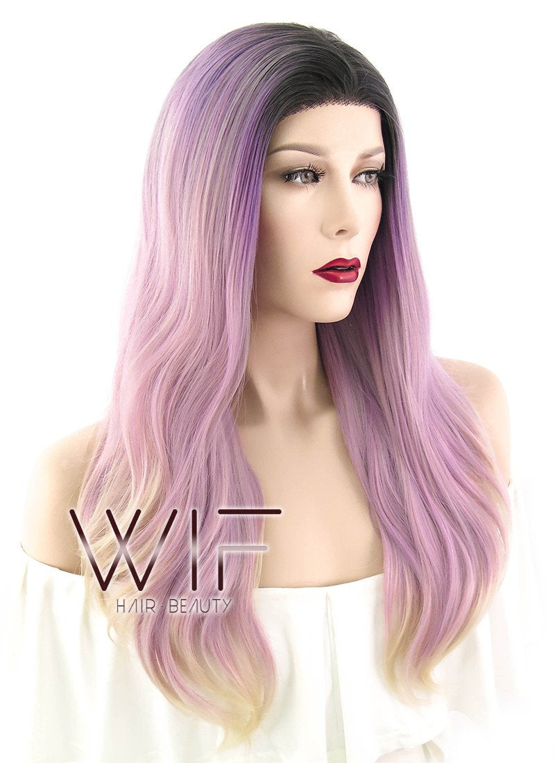 16" Long Wavy Black Pink Purple Grey Mixed Lace Front Synthetic Hair Wig LF1581A