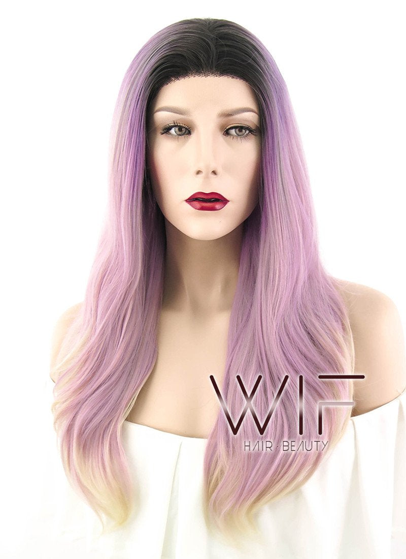 16" Long Wavy Black Pink Purple Grey Mixed Lace Front Synthetic Hair Wig LF1581A