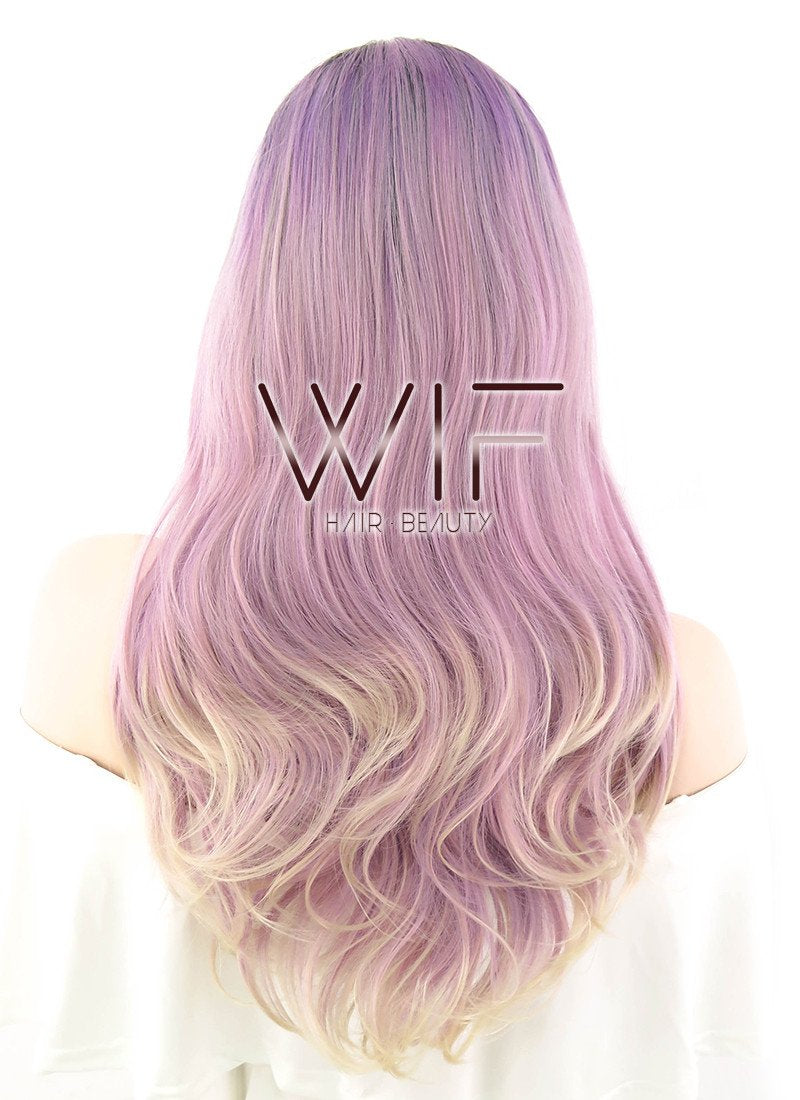 16" Long Wavy Black Pink Purple Grey Mixed Lace Front Synthetic Hair Wig LF1581A
