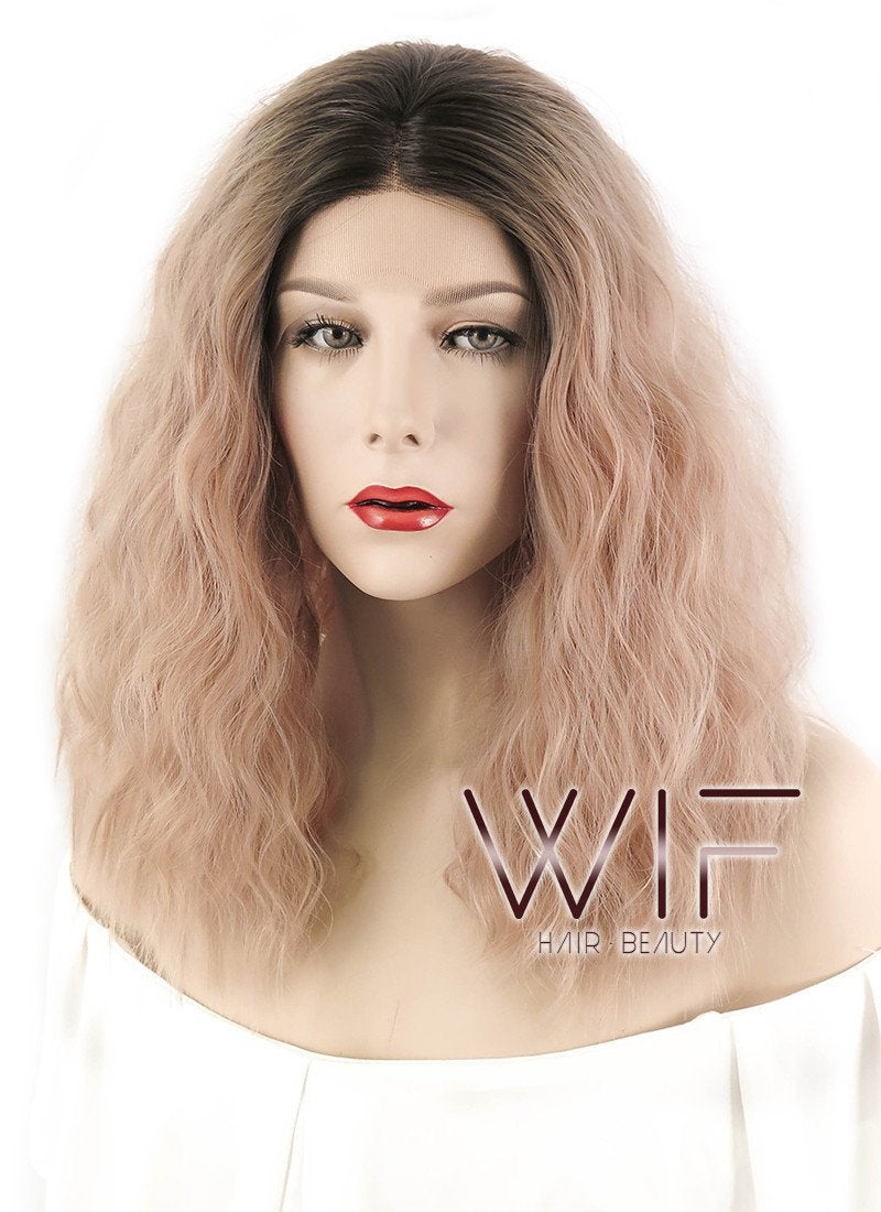 14" Curly Peach Pink With Dark Roots Lace Front Synthetic Wig LF1583