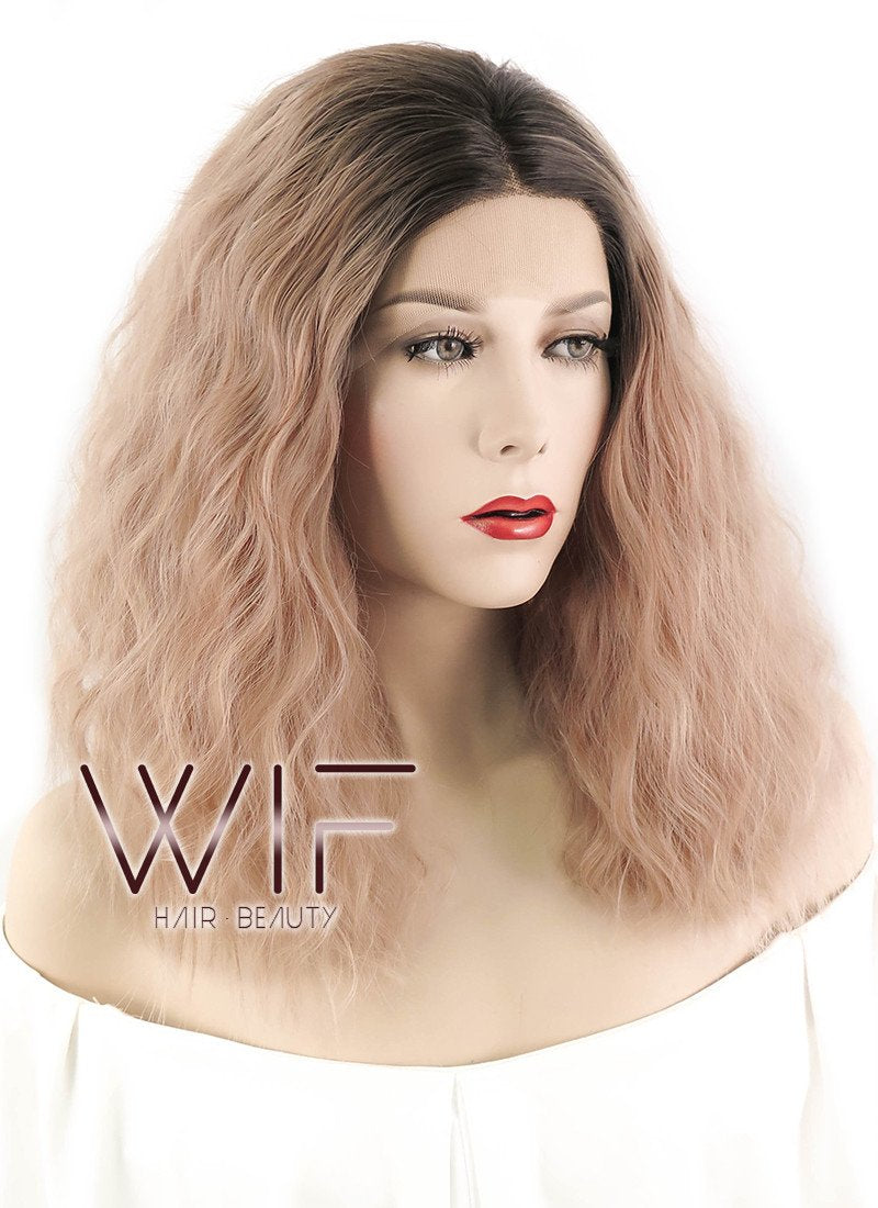 14" Medium Curly Peach Pink With Dark Roots Lace Front Synthetic Hair Wig LF1583