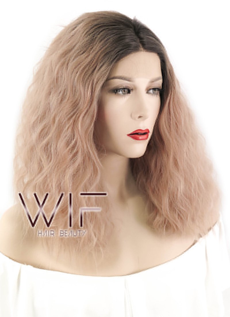 14" Medium Curly Peach Pink With Dark Roots Lace Front Synthetic Hair Wig LF1583
