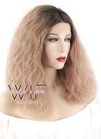 14" Medium Curly Peach Pink With Dark Roots Lace Front Synthetic Hair Wig LF1583