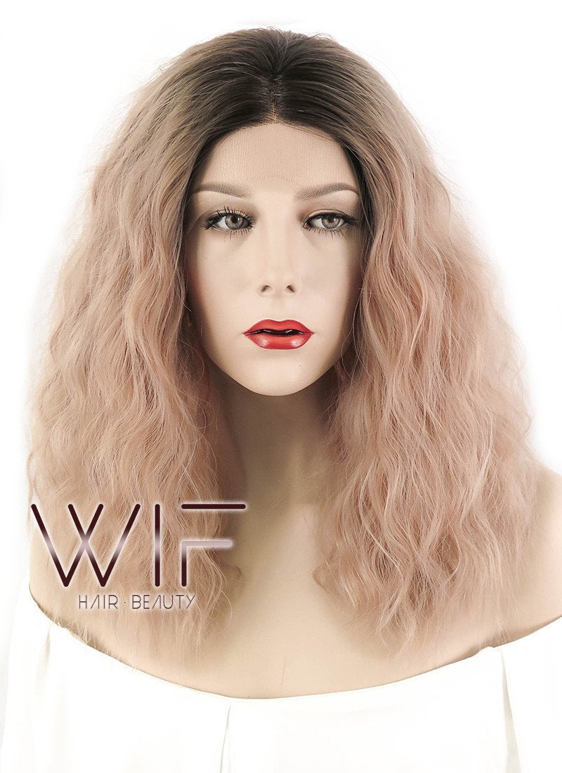 14" Medium Curly Peach Pink With Dark Roots Lace Front Synthetic Hair Wig LF1583