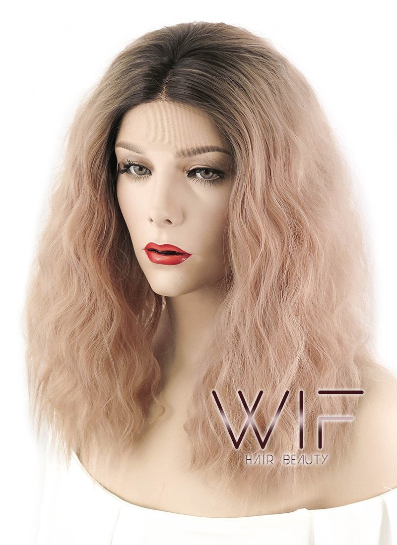 14" Medium Curly Peach Pink With Dark Roots Lace Front Synthetic Hair Wig LF1583