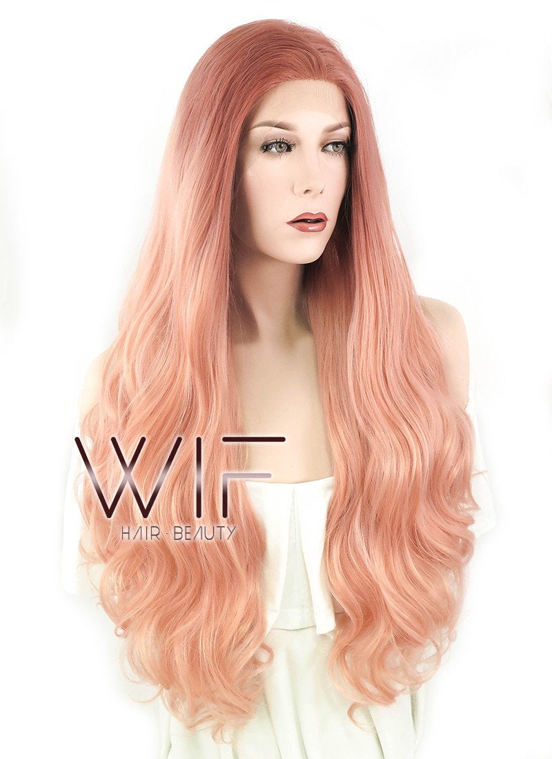 24" Wavy Two Tone Pinkish Orange Lace Front Synthetic Wig LF1584