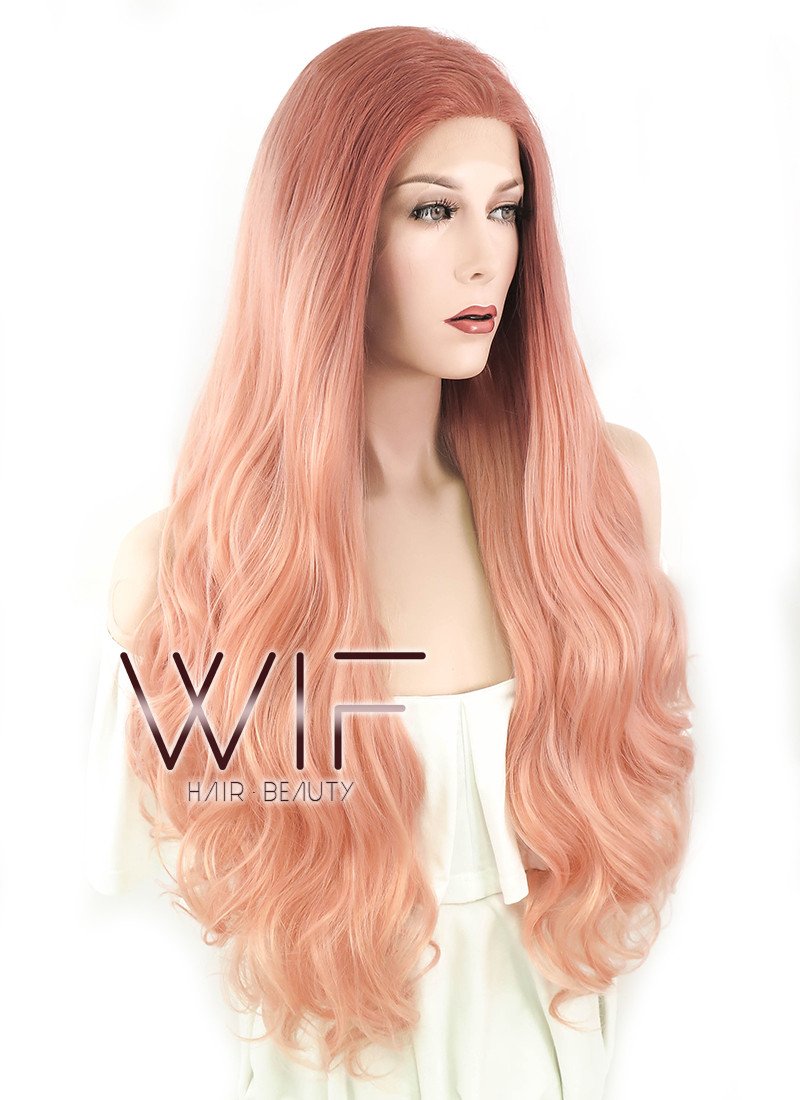 24" Wavy Two Tone Pinkish Orange Lace Front Synthetic Wig LF1584