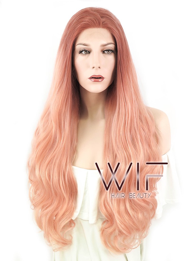 24" Wavy Two Tone Pinkish Orange Lace Front Synthetic Wig LF1584