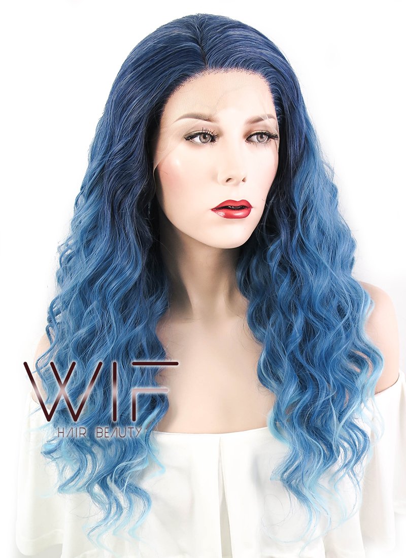 16" Curly Two Tone Blue Lace Front Synthetic Wig LF1586