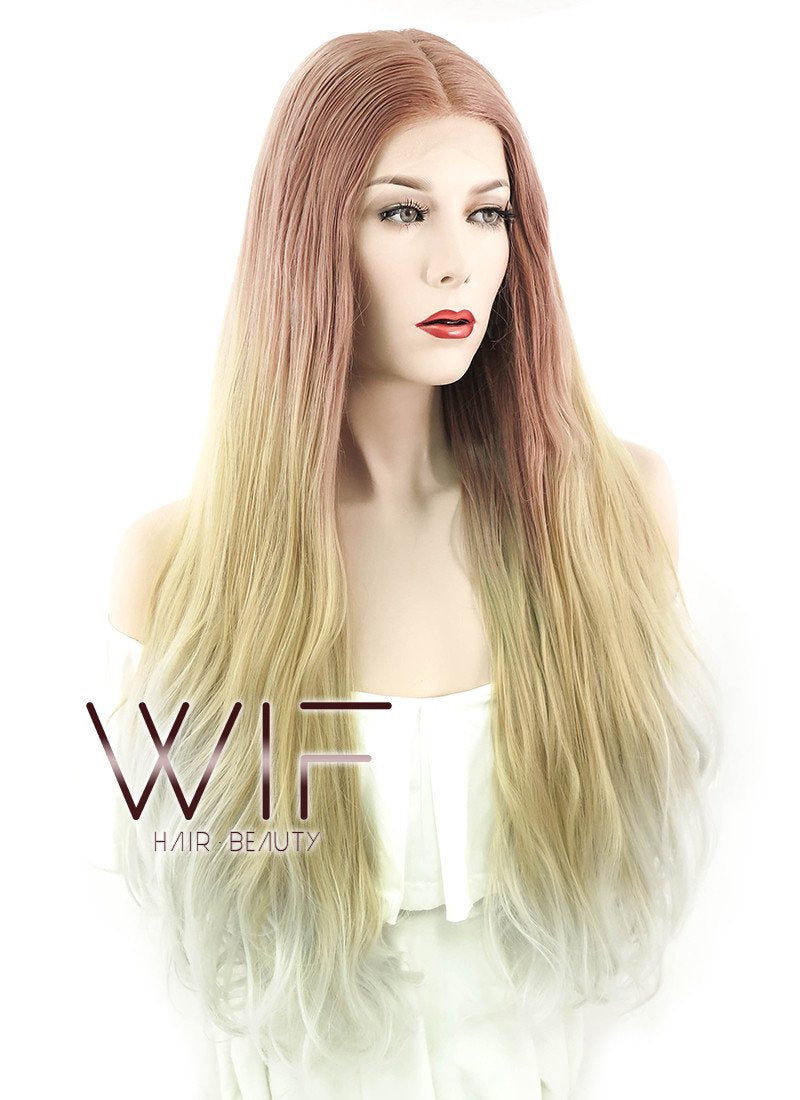 22" Long Curly Reddish Brown Light Blonde Ash White Ombre Lace Front Synthetic Hair Wig LF1588