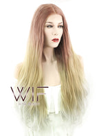22" Long Curly Reddish Brown Light Blonde Ash White Ombre Lace Front Synthetic Hair Wig LF1588