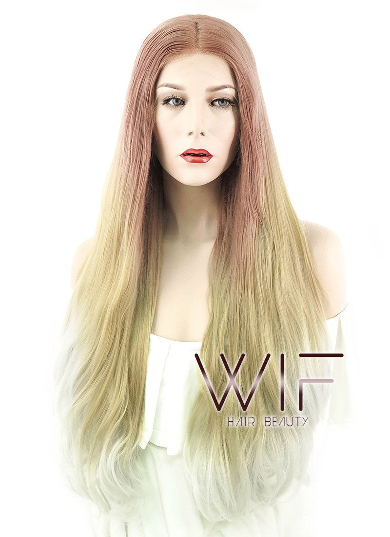 22" Long Curly Reddish Brown Light Blonde Ash White Ombre Lace Front Synthetic Hair Wig LF1588