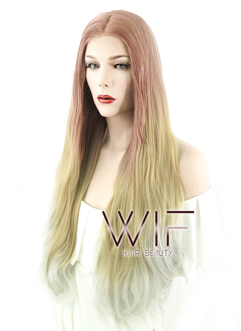 22" Long Curly Reddish Brown Light Blonde Ash White Ombre Lace Front Synthetic Hair Wig LF1588