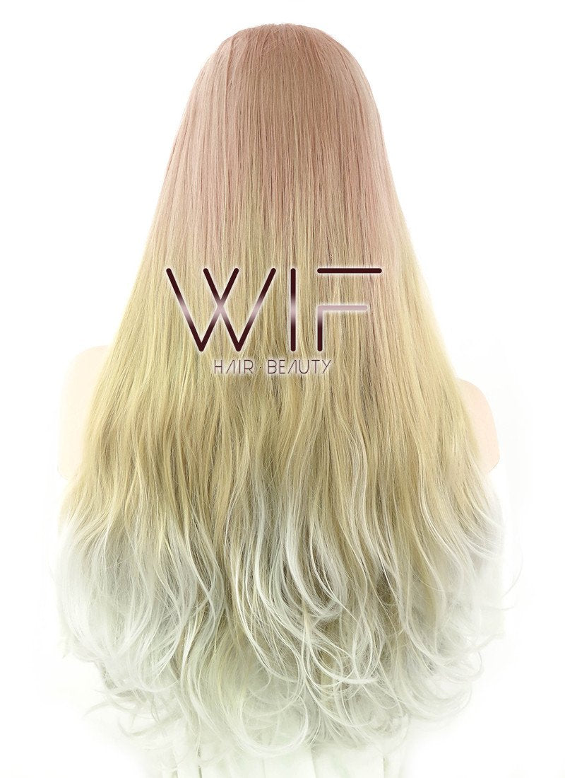 22" Long Curly Reddish Brown Light Blonde Ash White Ombre Lace Front Synthetic Hair Wig LF1588