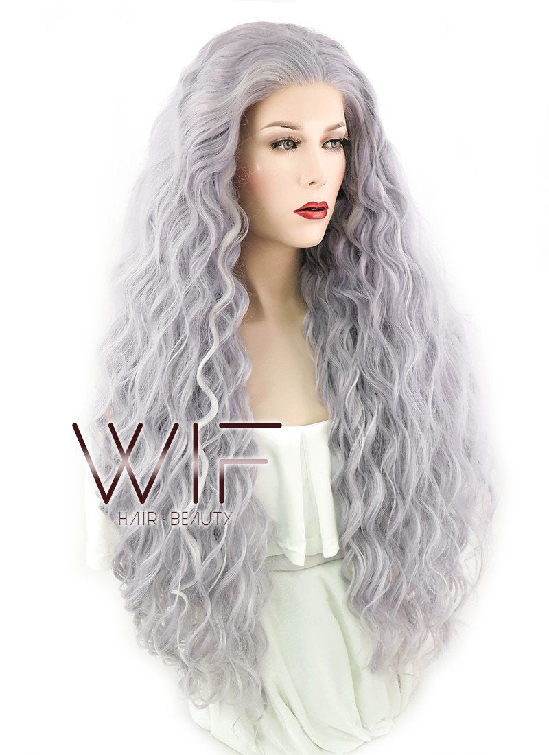 28" Long Curly Purplish Grey Lace Front Synthetic Hair Wig LF1589