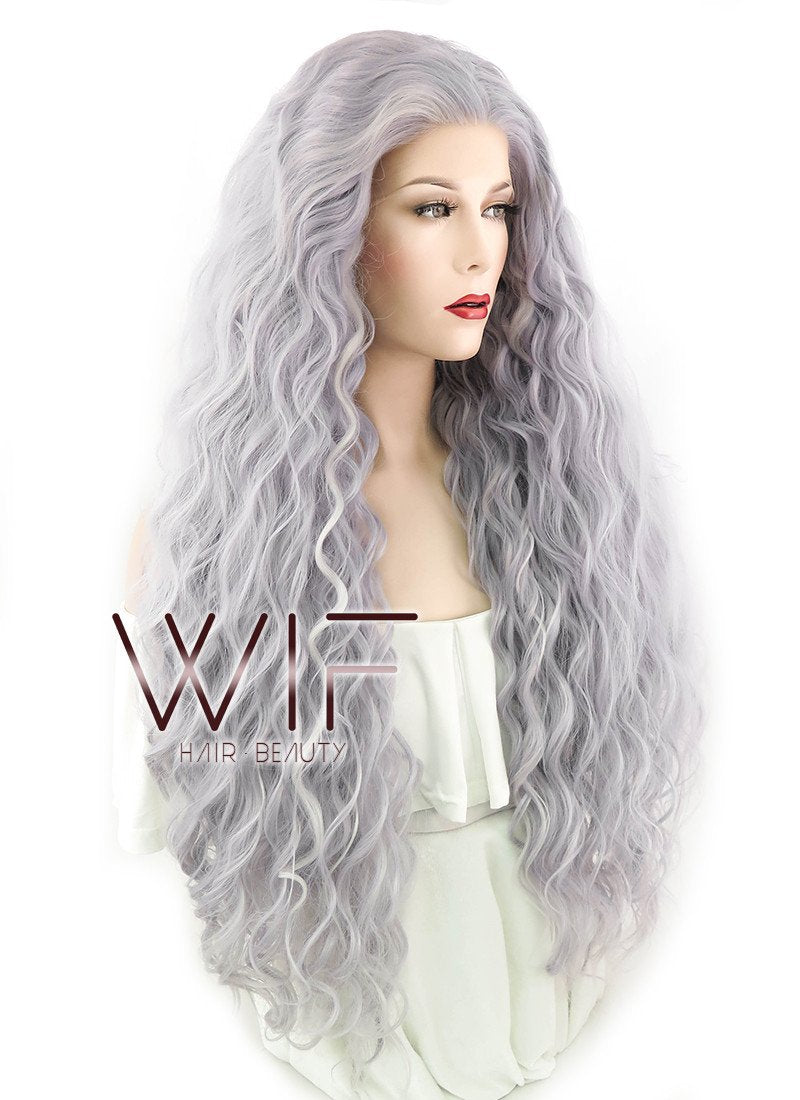 28" Long Curly Purplish Grey Lace Front Synthetic Hair Wig LF1589