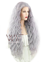 28" Long Curly Purplish Grey Lace Front Synthetic Hair Wig LF1589