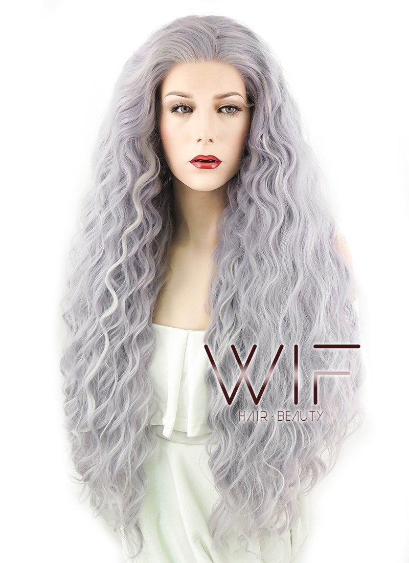 28" Long Curly Purplish Grey Lace Front Synthetic Hair Wig LF1589
