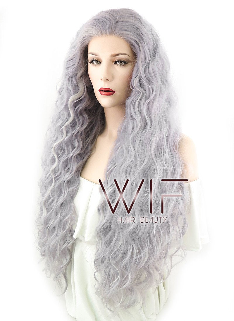 28" Long Curly Purplish Grey Lace Front Synthetic Hair Wig LF1589