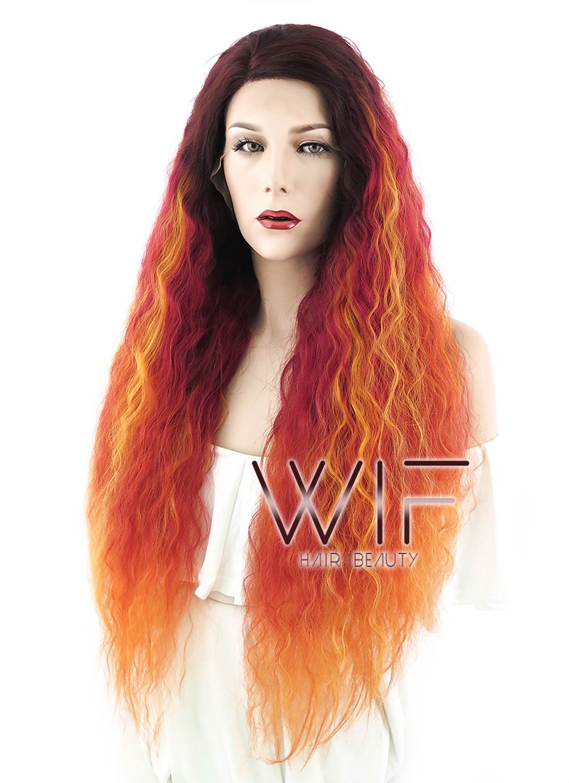 28" Curly Red Mixed Orange With Dark Roots Lace Front Synthetic Wig LF1590