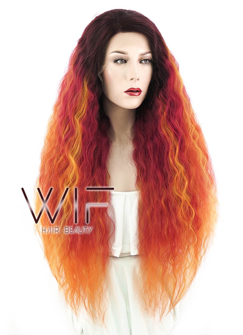 28" Long Curly Two Tone Red Mixed Orange Lace Front Synthetic Hair Wig LF1590