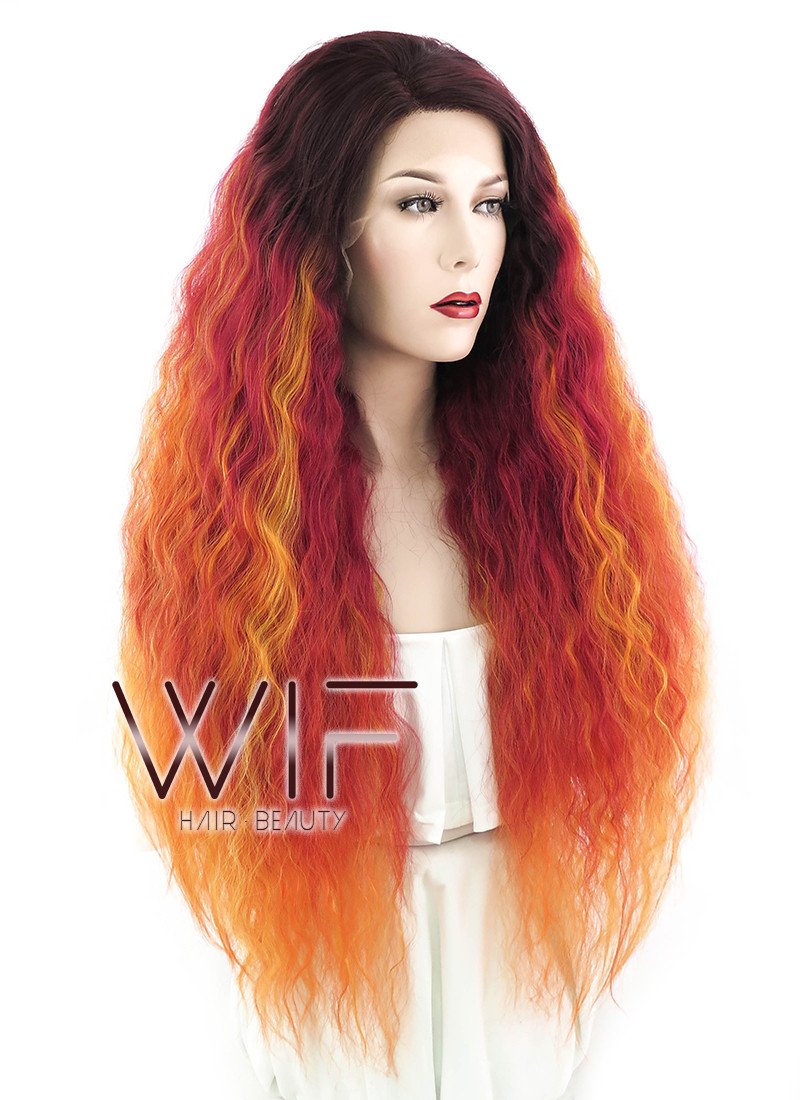 28" Long Curly Two Tone Red Mixed Orange Lace Front Synthetic Hair Wig LF1590