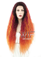 28" Long Curly Two Tone Red Mixed Orange Lace Front Synthetic Hair Wig LF1590