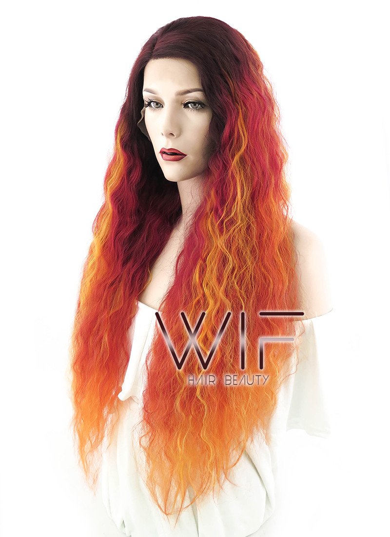 28" Long Curly Two Tone Red Mixed Orange Lace Front Synthetic Hair Wig LF1590