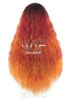 28" Long Curly Two Tone Red Mixed Orange Lace Front Synthetic Hair Wig LF1590