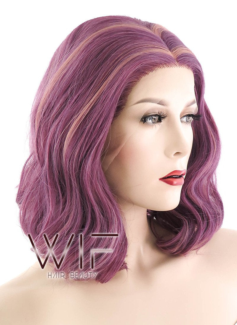 14" Medium Curly Purple with Pink Tips Lace Front Synthetic Hair Wig LF1593