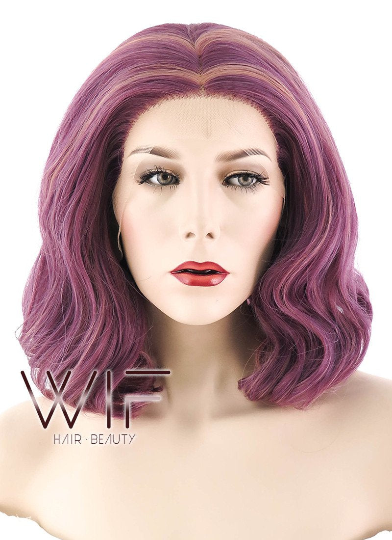 14" Medium Curly Purple with Pink Tips Lace Front Synthetic Hair Wig LF1593